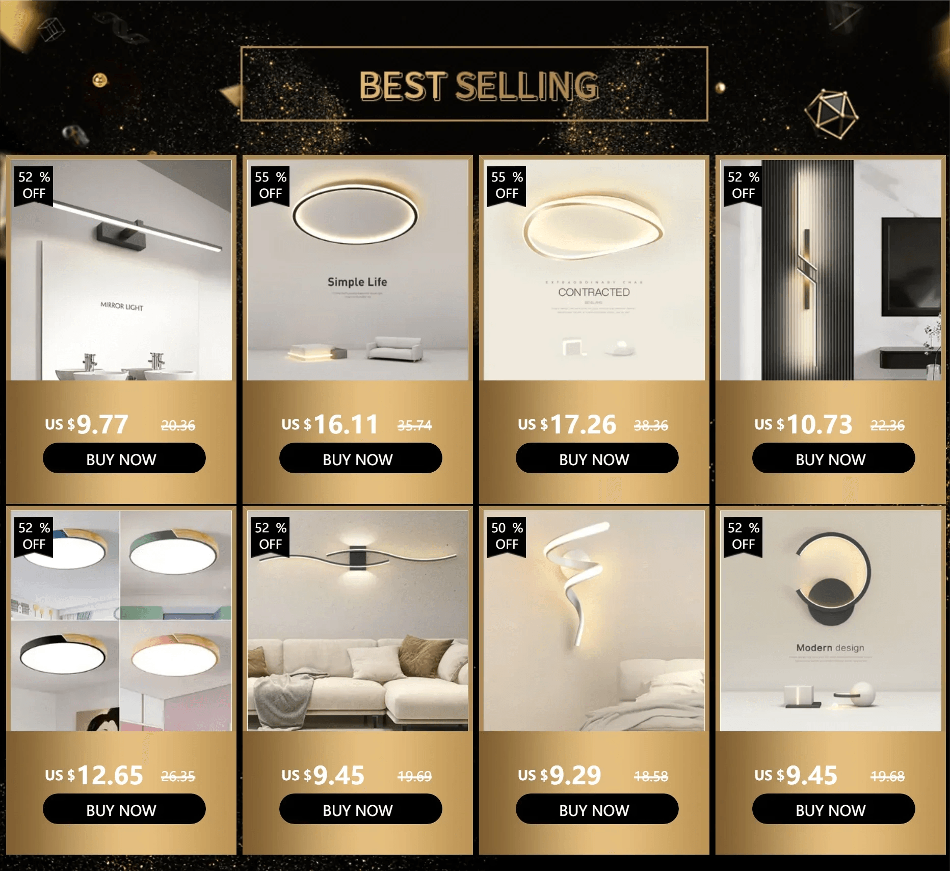 Lâmpada de Parede LED - Moderna para Banheiro - Lâmpada Espelho Dourado - Aplique para Quarto - Sala de estar