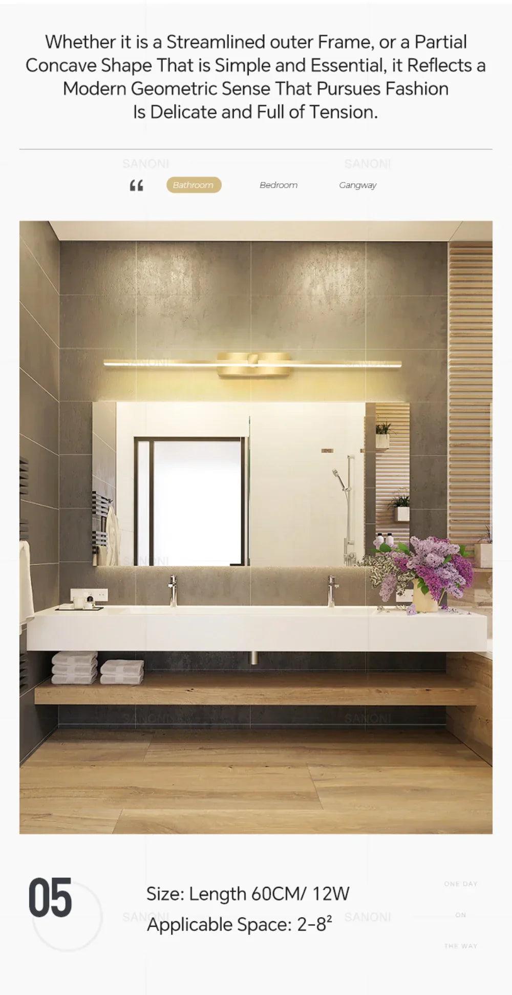 Lâmpada de Parede LED - Moderna para Banheiro - Lâmpada Espelho Dourado - Aplique para Quarto - Sala de estar